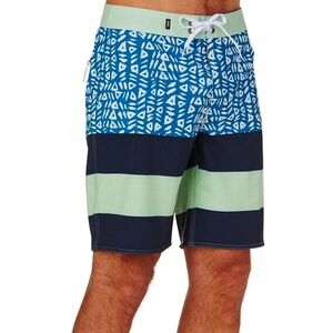 Vans Mens Board Shorts Size 34 Blue Geometric Striped Swim Trunks Zip Pocket